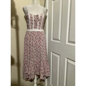 Japna Floral Lace Trim High Low Midi Dress Pink Boho Smocked Back Womens Small